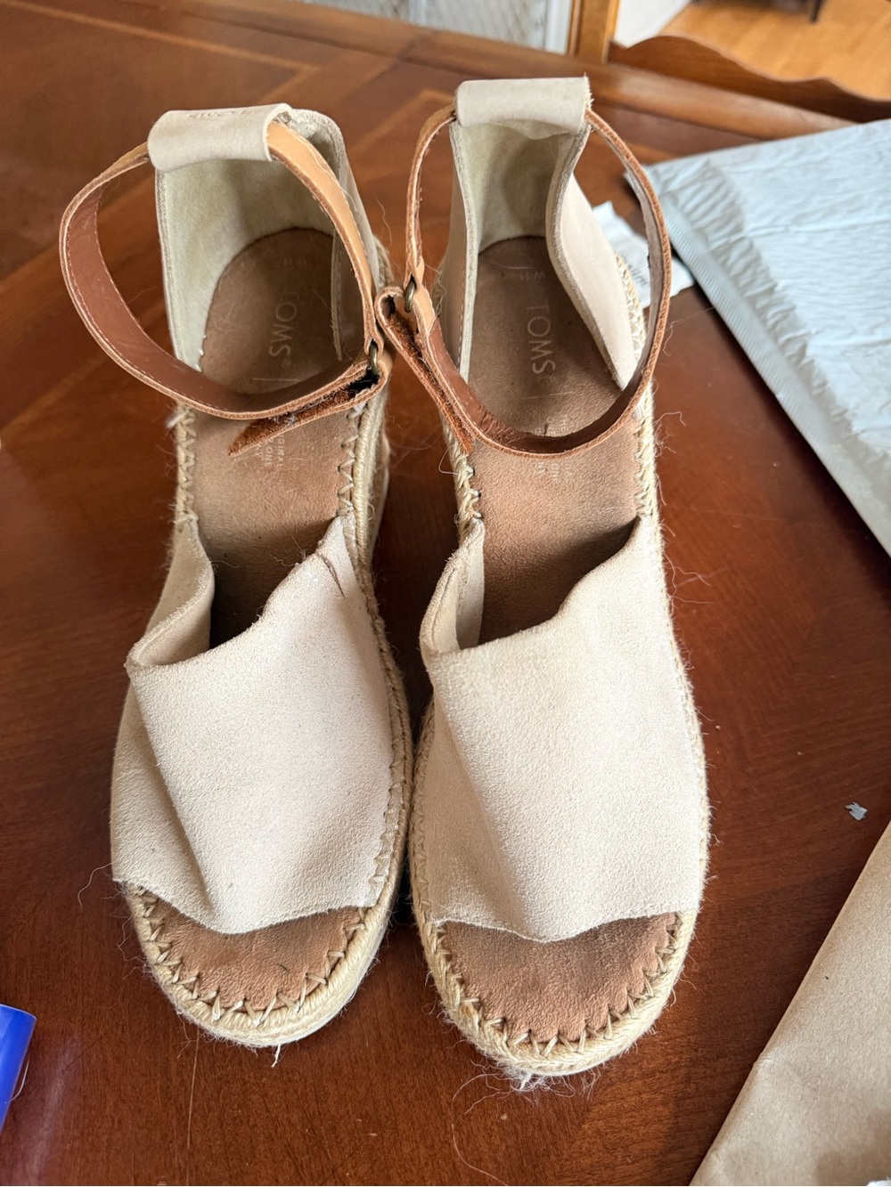 TOMS Beige Espadrille Wedge Sandals with Brown Ankle Strap